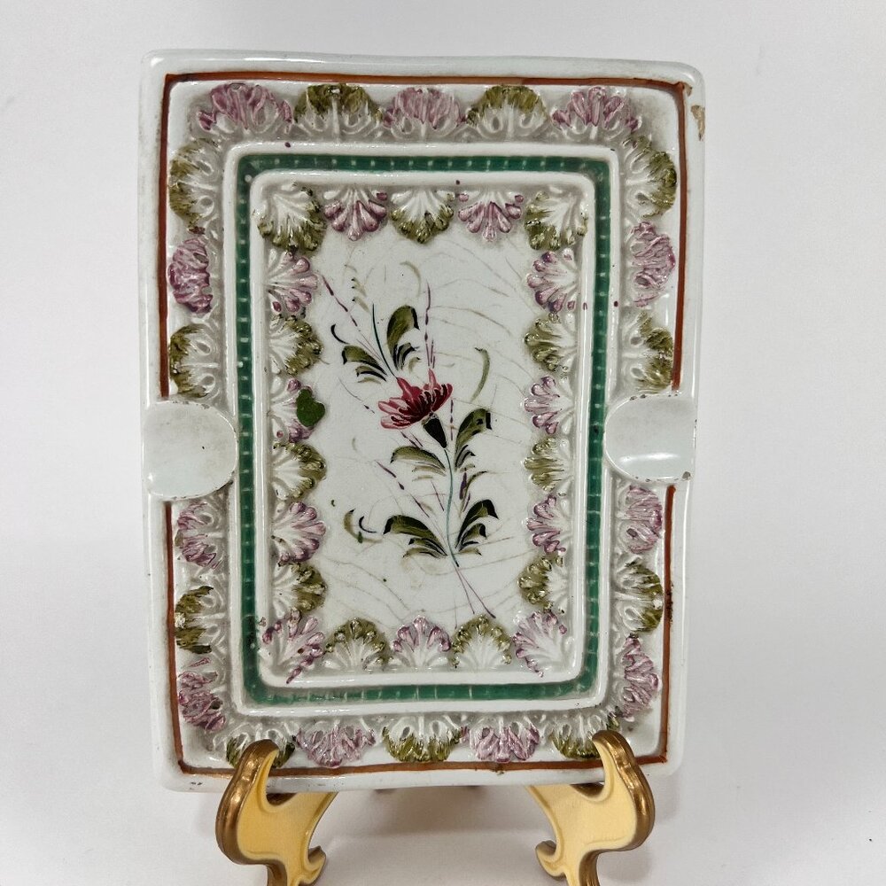 Vtg Ashtray 2 Slot Italy Hand Painted Floral Porcelain Cigarettes Tobacco